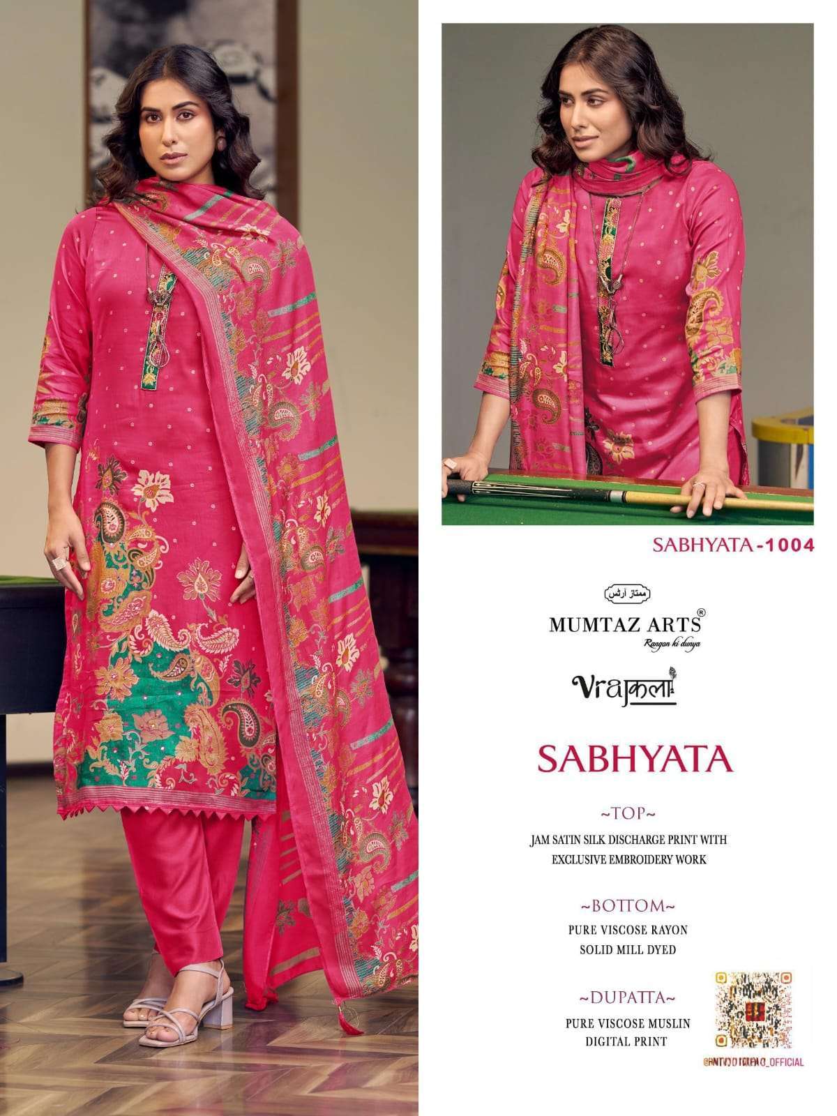 SABHYATA SERIES 1001 TO 1004 BY MUMTAZ ARTS DESIGNER DIGITAL DISCHARGE PRINT WITH EMBROIDERY WORK VISCOSE ZAM SUITS ARE AVAILABLE AT WHOLESALE PRICE 
