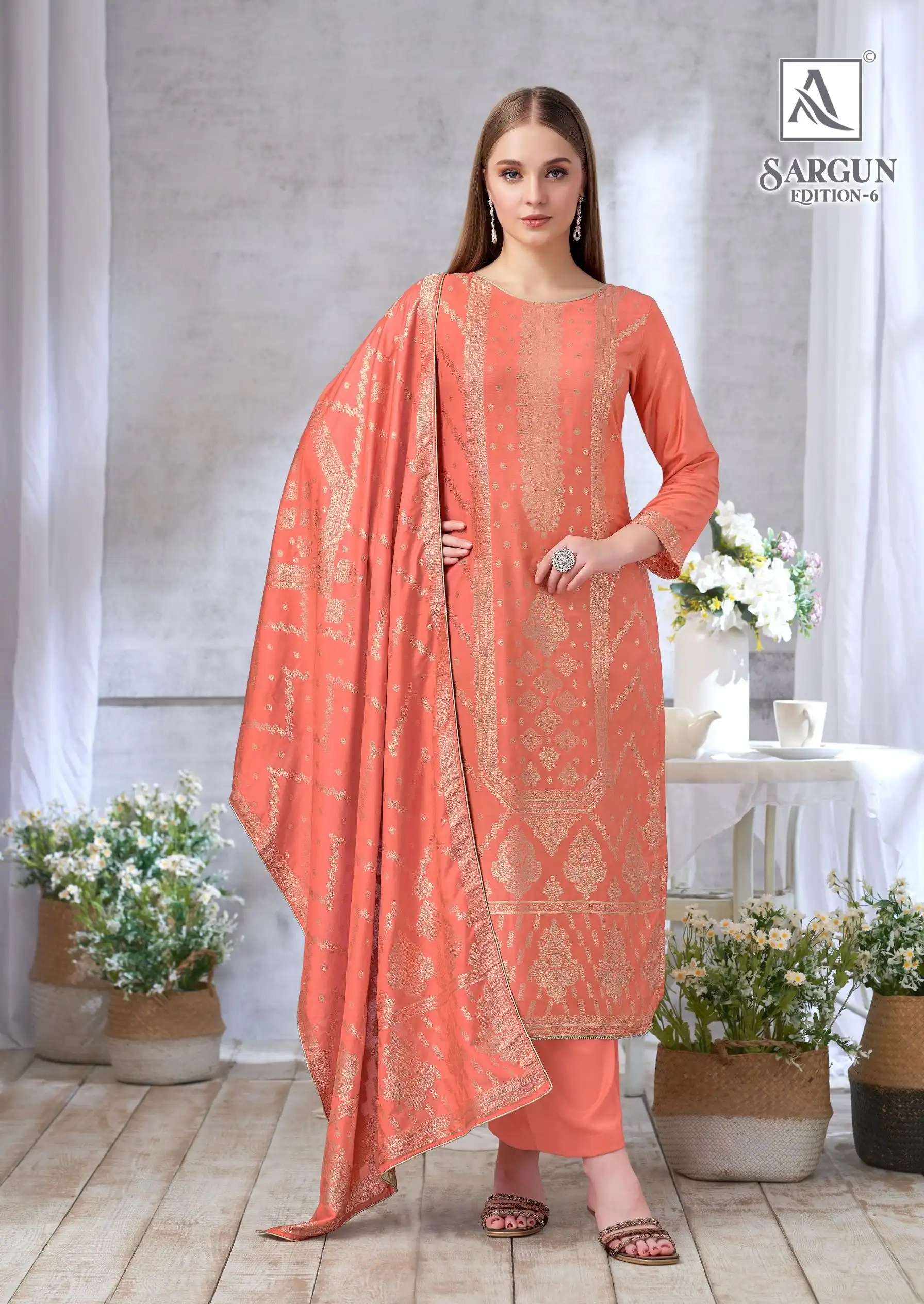 SARGUN EDITION-6 SERIES 2288 BY ALOK SUITS DESIGNER HAND WORK VISCOSE MUSLIN JACQUARD SUITS ARE AVAILABLE AT WHOLESALE PRICE