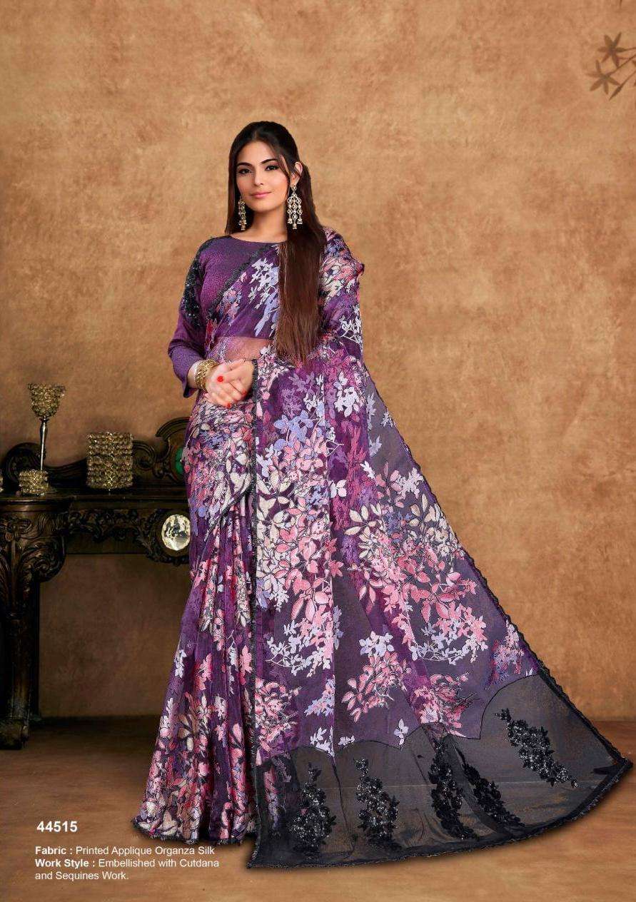 SEHER SERIES 44501 TO 44518 SAREE BY MAHOTSAV DESIGNER FANCY WORK ORGANZA SATIN SILK SAREES ARE AVAILABLE AT WHOLESALE PRICE