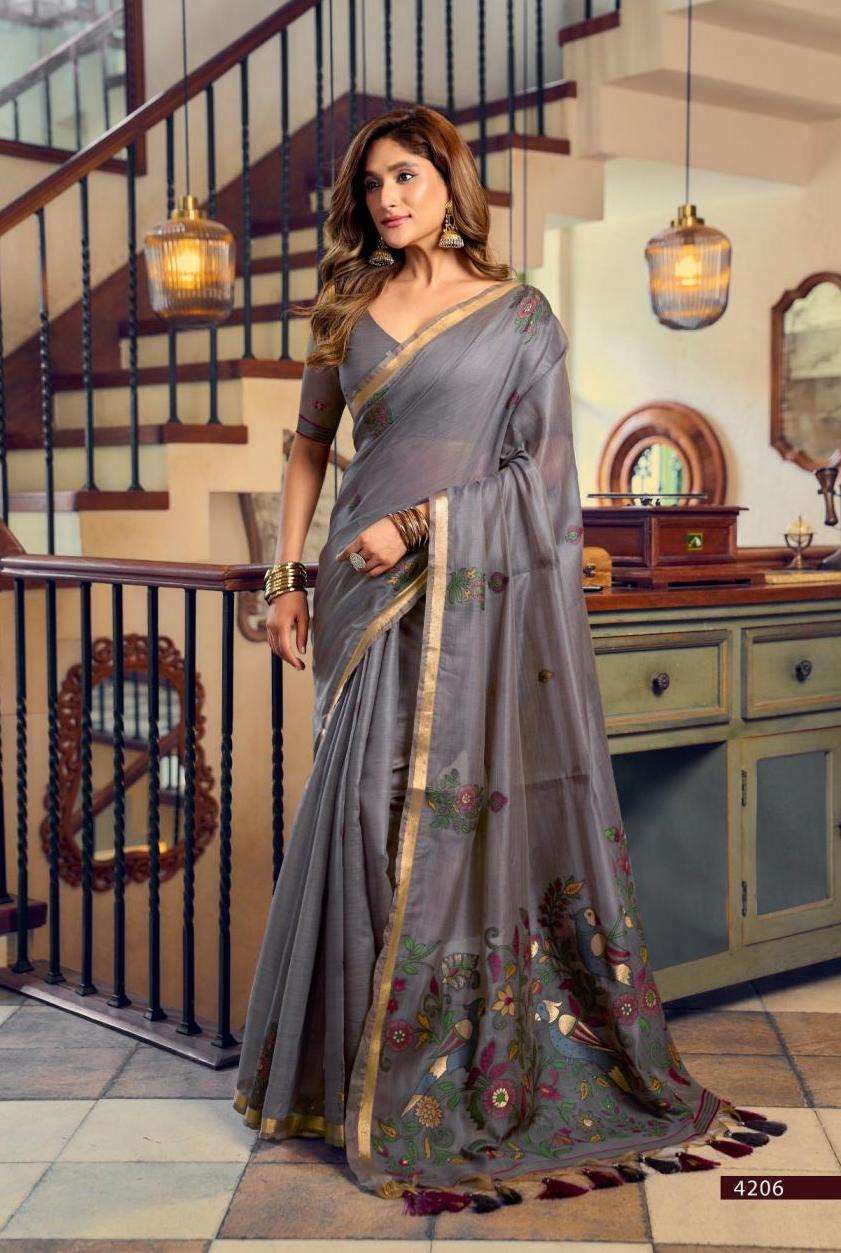 SHREYA SERIES 4201 TO 4206 SAREE BY GOBUNI DESIGNER LITCHI WORK KOLKATA COTTON SAREES ARE AVAILABLE AT WHOLESALE PRICE