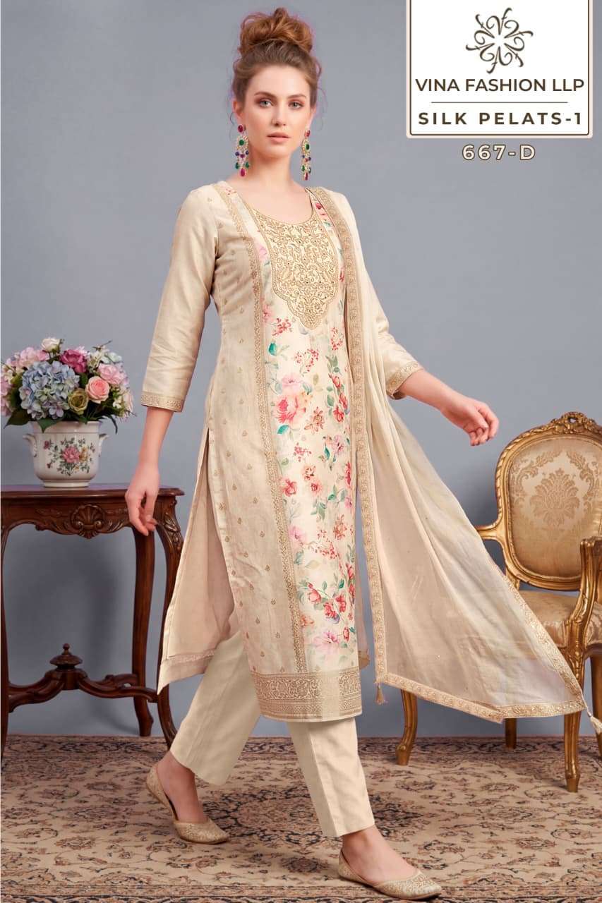 SILK PETALS SERIES 667 BY VINAY DESIGNER HAND WORK AND POSITION PRINT RUSSIAN SILK SUITS ARE AVAILABLE AT WHOLESALE PRICE