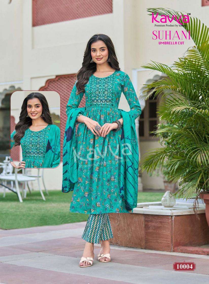 SUHANI VOL-10 SERIES 1001 TO 1010 BY KAVYA DESIGNER FOIL PRINTED AND EMBROIDERY WORK VISCOSE KURTI WITH BOTTOM AND DUPATTA ARE AVAILABLE AT WHOLESALE PRICE