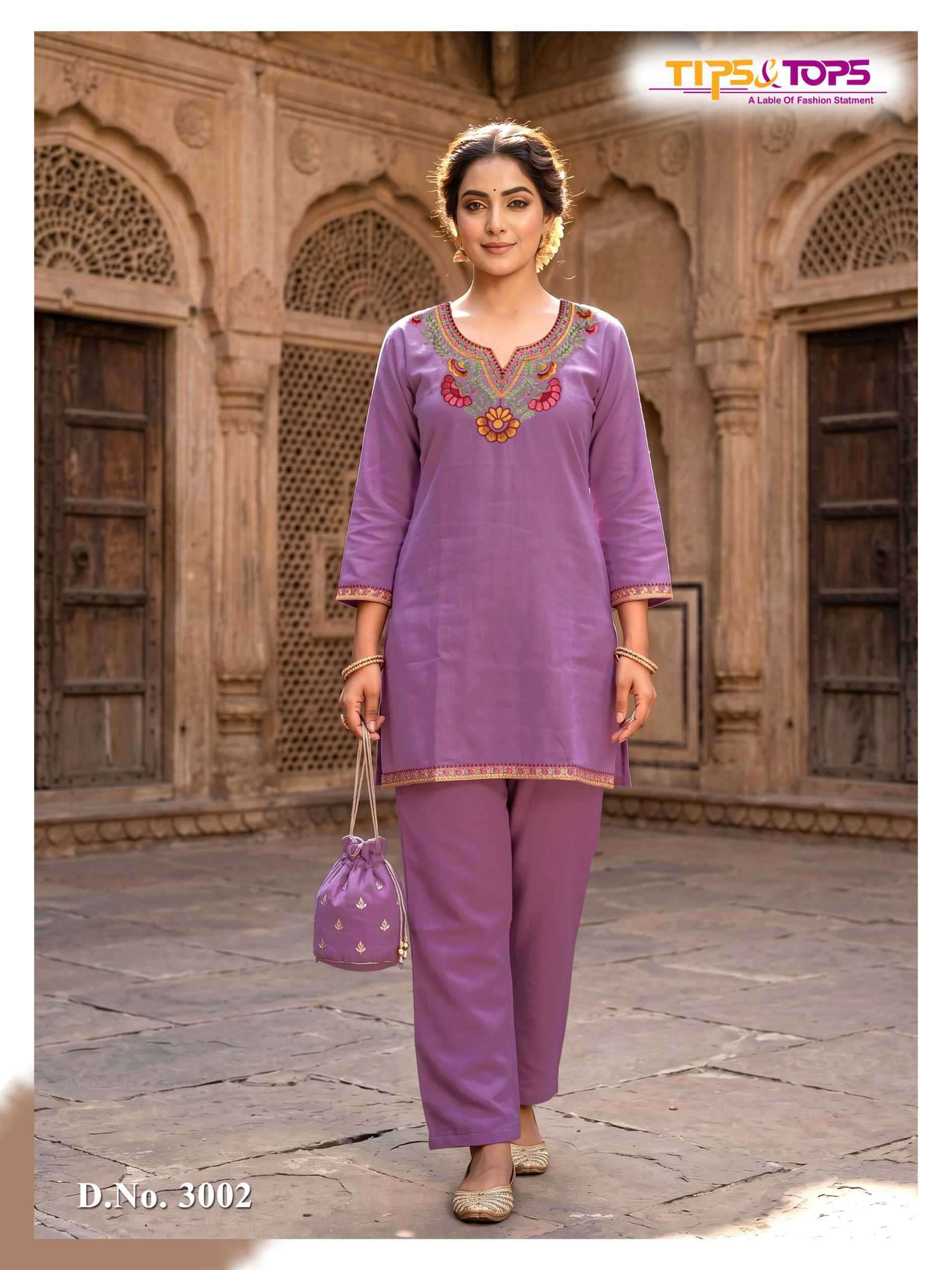 TRENDY TOUCH VOL-3 SERIES 3001 TO 3006 BY TIPS & TOPS DESIGNER EMBROIDERY WORK RAYON CO ORD SETS ARE AVAILABLE AT WHOLESALE PRICE