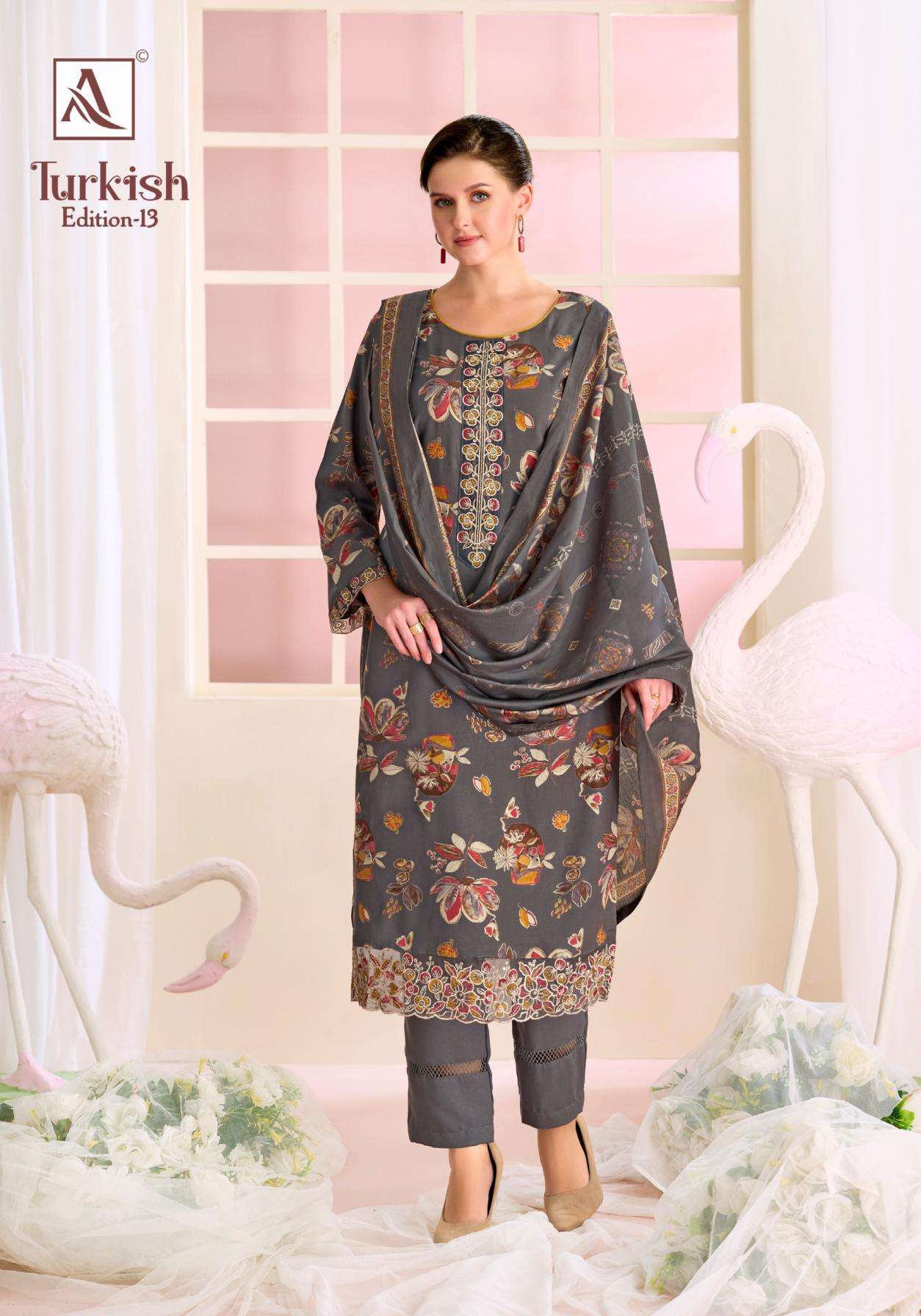 TURKISH EDITION-13 SERIES 3020 BY ALOK SUITS DESIGNER PRINTED AND EMBROIDERY WORK VISCOSE RAYON SUITS ARE AVAILABLE AT WHOLESALE PRICE