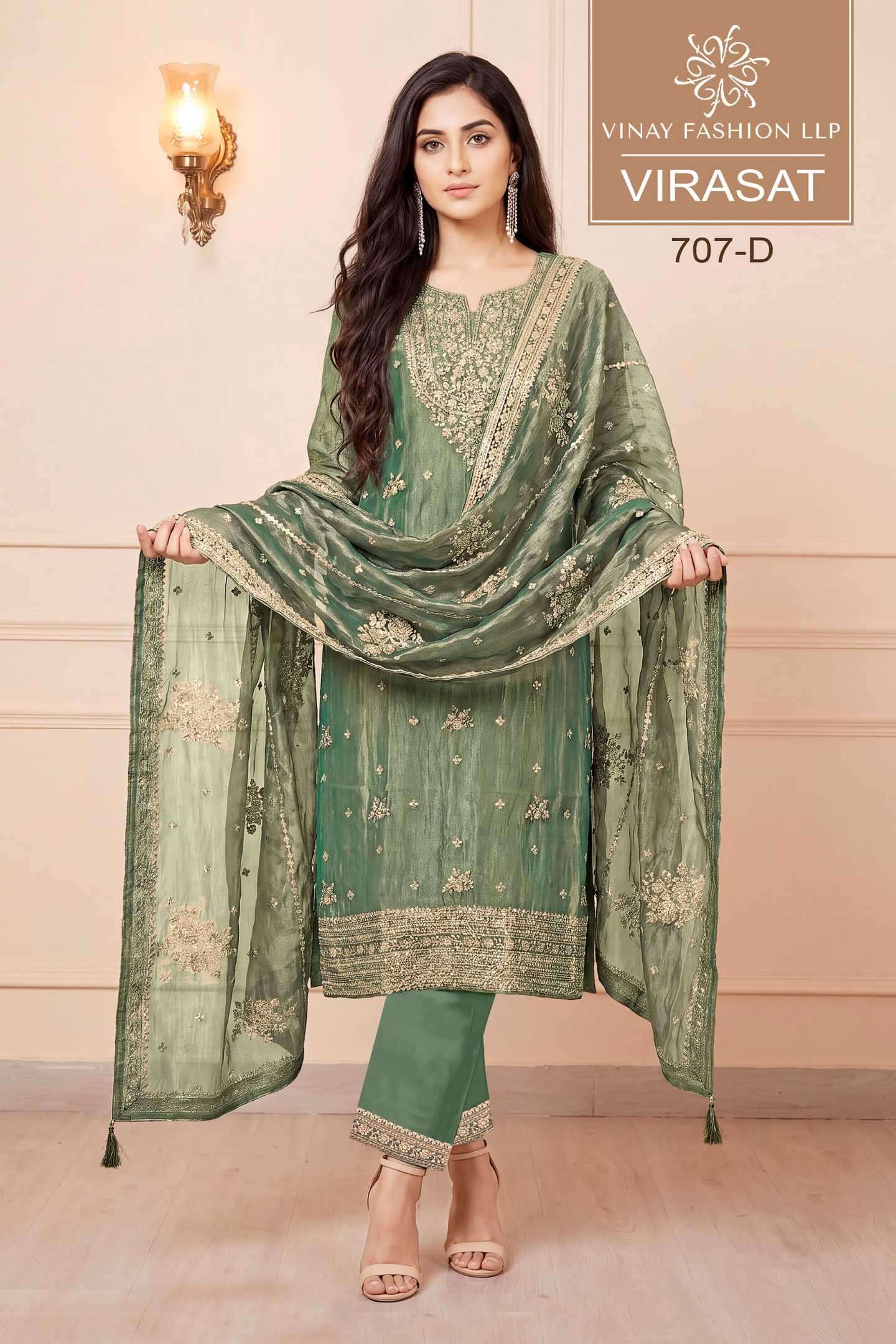 VIRASAT SERIES 707 BY VINAY DESIGNER SEQUENCE AND EMBROIDERY WORK SILK SUITS ARE AVAILABLE AT WHOLESALE PRICE