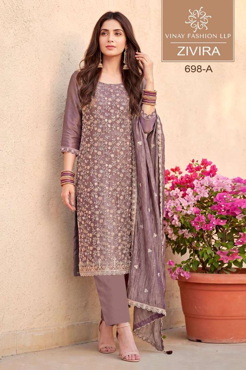 ZIVIRA SERIES 698 BY VINAY DESIGNER BEADS EMBROIDERY WORK CRUSH SILK SUITS ARE AVAILABLE AT WHOLESALE PRICE 
