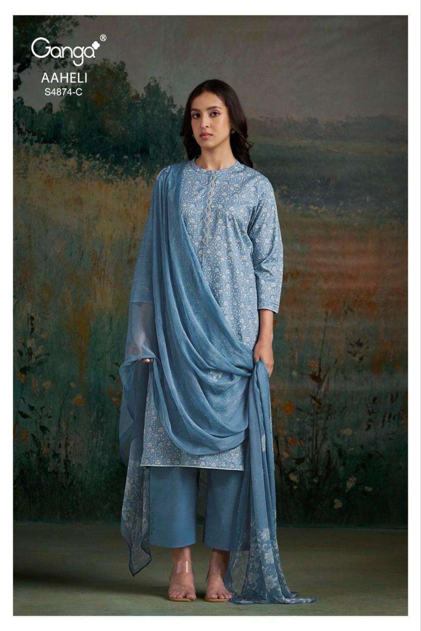 AAHELI SERIES 4874 BY GANGA DESIGNER PRINTED AND EMBROIDERY WORK COTTON SUITS ARE AVAILABLE AT WHOLESALE PRICE