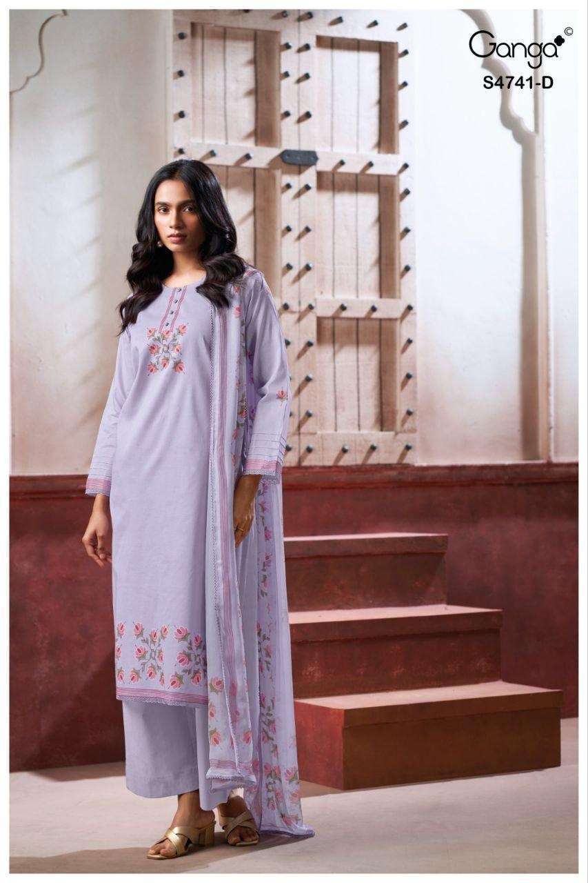 AANSHI SERIES 4741 BY GANGA DESIGNER PRINTED HAND WORK AND SCHIFFLI EMBROIDERY WORK ORGANDY MUL SUITS ARE AVAILABLE AT WHOLESALE PRICE