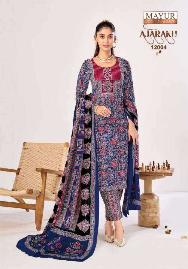 AJARAKH VOL-12 SERIES 12001 TO 12010 BY MAYUR DESIGNER PRINTED AND EMBROIDERY WORK COTTON READYMADE SUITS ARE AVAILABLE AT WHOLESALE PRICE