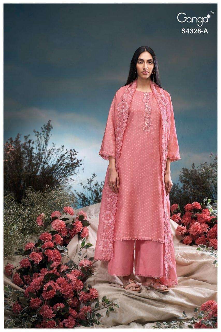 ANEAA SERIES 4328 BY GANGA DESIGNER PRINTED AND EMBROIDERY WORK BEMBERG SILK SUITS ARE AVAILABLE AT WHOLESALE PRICE