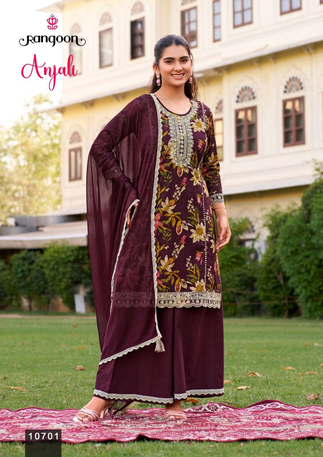 ANJALI SERIES 10701 TO 10704 BY RANGOON DESIGNER PRINTED WITH EMBROIDERY AND KHATLI HAND WORK COTTON CAMBRIC TOP WITH BOTTOM AND DUPATTA ARE AVAILABLE AT WHOLESALE PRICE 