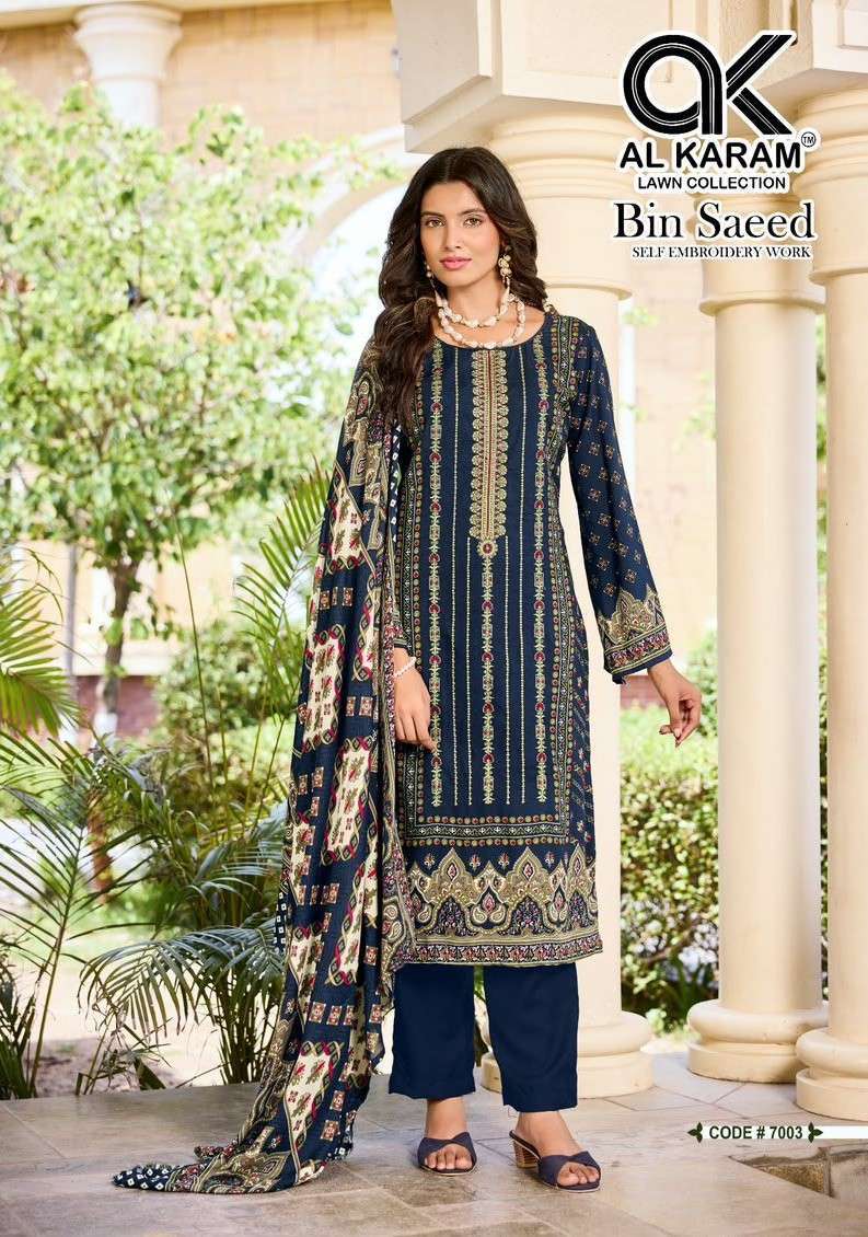 BIN SAEED VOL-7 SERIES 7001 TO 7006 BY AL KARAM DESIGNER PRINTED AND EMBROIDERY WORK VISCOSE RAYON SUITS ARE AVAILABLE AT WHOLESALE PRICE