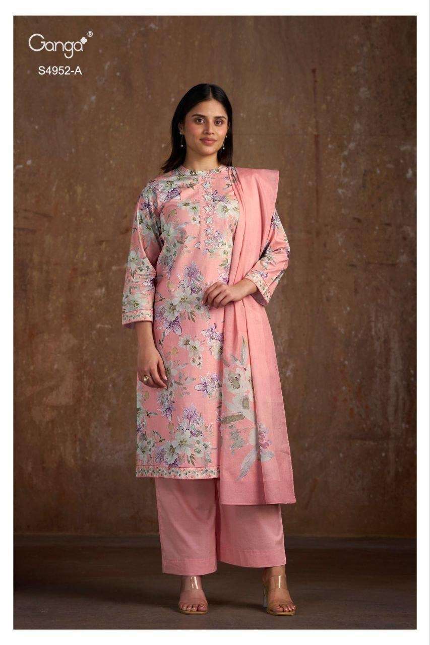 BINITA SERIES 4952 BY GANGA DESIGNER PRINTED AND EMBROIDERY WORK COTTON SUITS ARE AVAILABLE AT WHOLESALE PRICE 