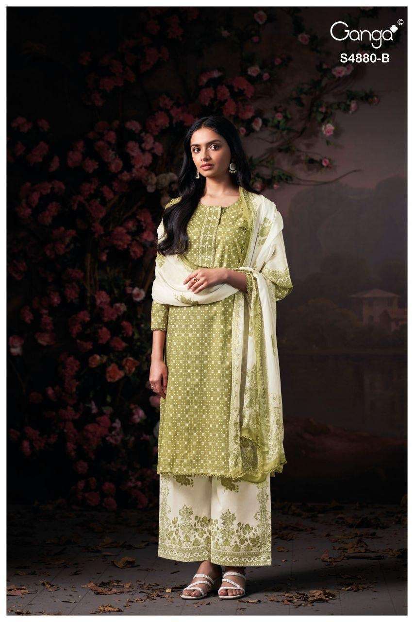 BITHIA SERIES 4880 BY GANGA DESIGNER PRINTED AND EMBROIDERY WORK COTTON SUITS ARE AVAILABLE AT WHOLESALE PRICE