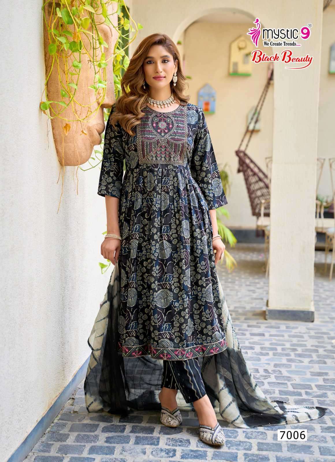 BLACK BEAUTY VOL-7 SERIES 7001 TO 7008 BY MYSTIC 9 DESIGNER PRINTED AND WORK RAYON ANARKALI STYLE KURTI WITH BOTTOM AND DUPATTA ARE AVAILABLE AT WHOLESALE PRICE