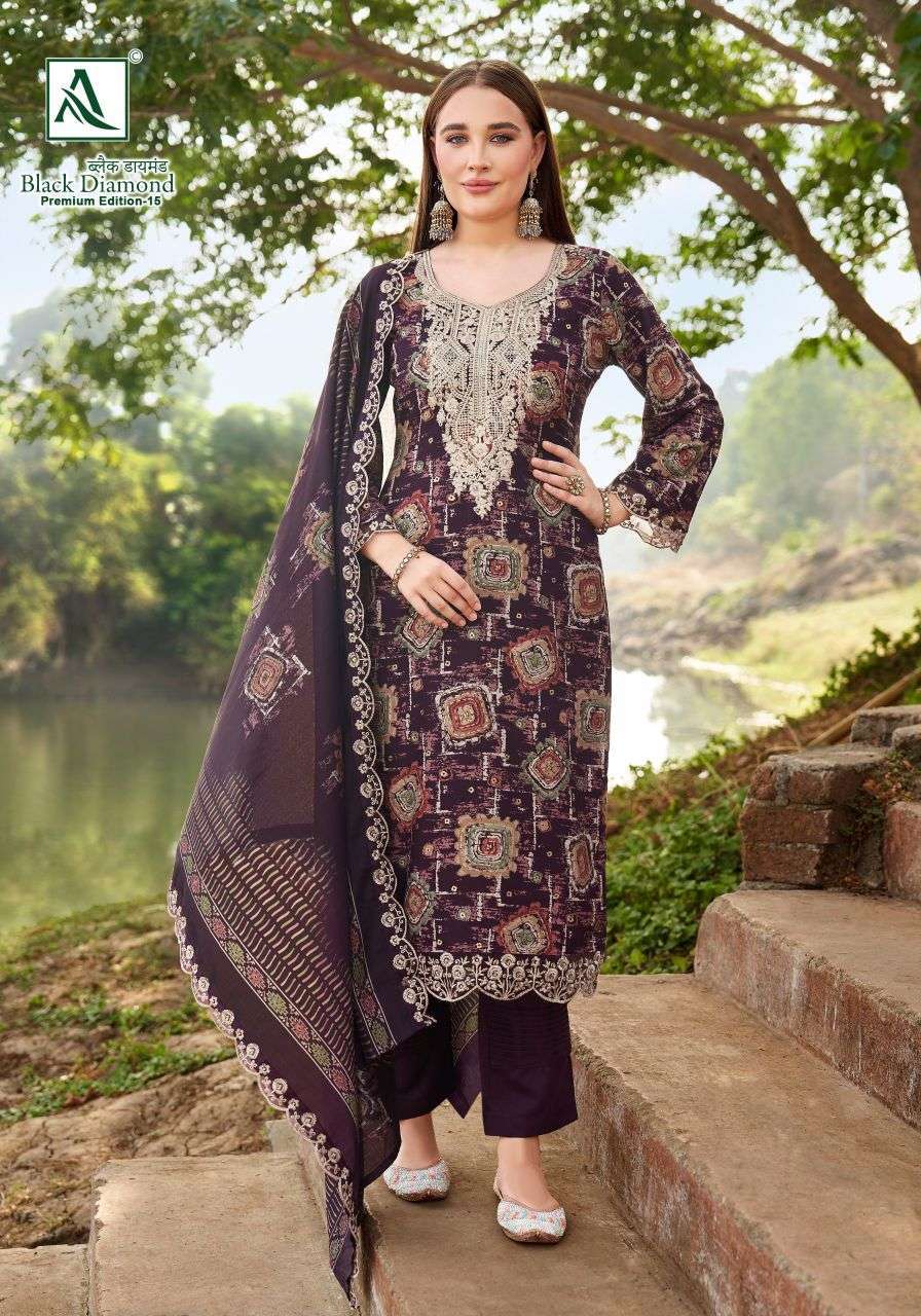 BLACK DIAMOND PREMIUM EDITION-15 SERIES 1147 BY ALOK SUITS DESIGNER DISCHARGE PRINTED EMBROIDERY WORK RAYON SUITS ARE AVAILABLE AT WHOLESALE PRICE