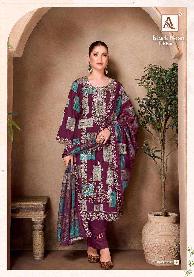 BLACK MOON EDITION-4 SERIES 3019 BY ALOK SUITS DESIGNER DISCHARGE PRINTED AND EMBROIDERY WORK VISCOSE RAYON SUITS ARE AVAILABLE AT WHOLESALE PRICE