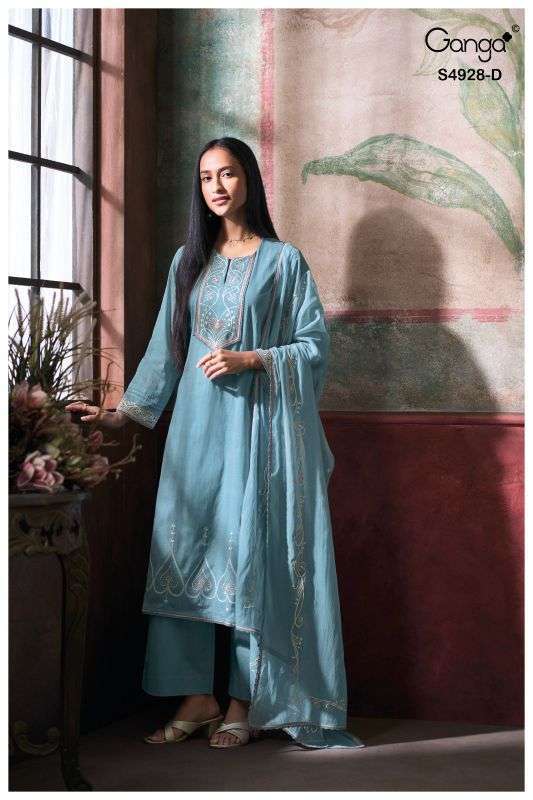 CIRAA SERIES 4928 BY GANGA DESIGNER PRINTED AND EMBROIDERY WORK BEMBERG MUL SUITS ARE AVAILABLE AT WHOLESALE PRICE 