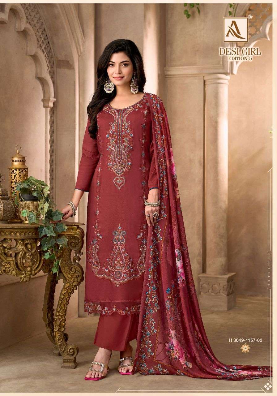 DESI GIRL EDITION-5 SERIES 3049 BY ALOK SUITS DESIGNER EMBROIDERY WORK VISCOSE MUSLIN SUITS ARE AVAILABLE AT WHOLESALE PRICE