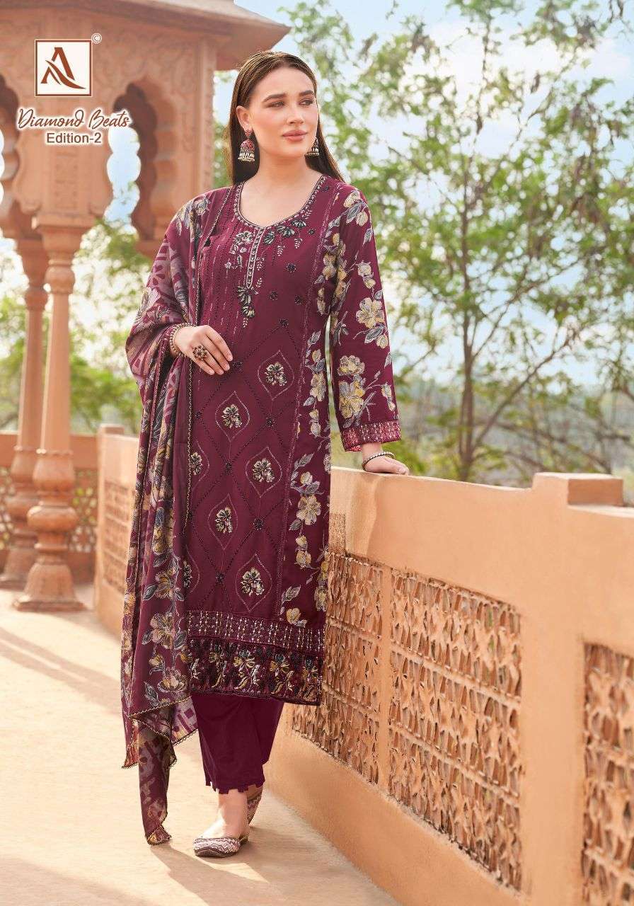 DIAMOND BEATS VOL-2 SERIES 3041 BY ALOK SUITS DESIGNER PRINTED AND KHATLI HAND WORK VISCOSE RAYON SUITS ARE AVAILABLE AT WHOLESALE PRICE