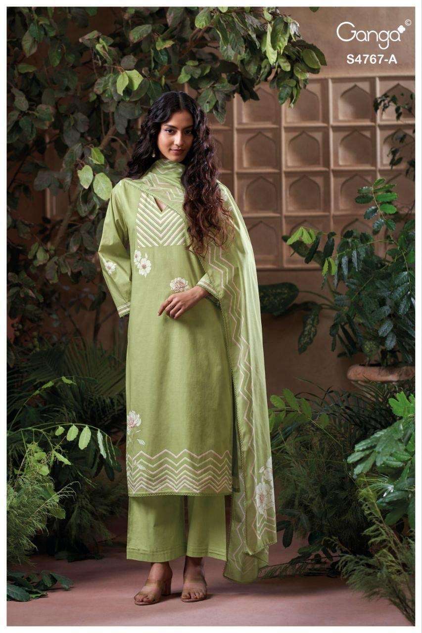 DIRELIA SERIES 4767 BY GANGA DESIGNER PRINTED WITH HAND WORK AND SCHIFFLI EMBROIDERY WORK COTTON SUITS ARE AVAILABLE AT WHOLESALE PRICE