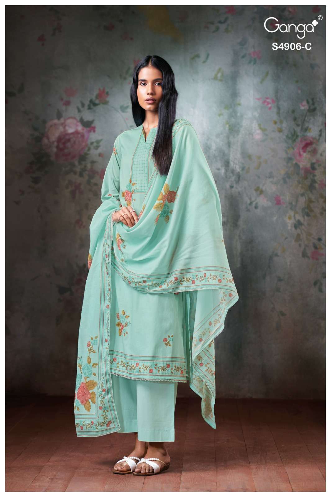 DRUSILLA SERIES 4906 BY GANGA DESIGNER PRINTED WITH HAND EMBROIDERY AND HAND WORK COTTON SUITS ARE AVAILABLE AT WHOLESALE PRICE