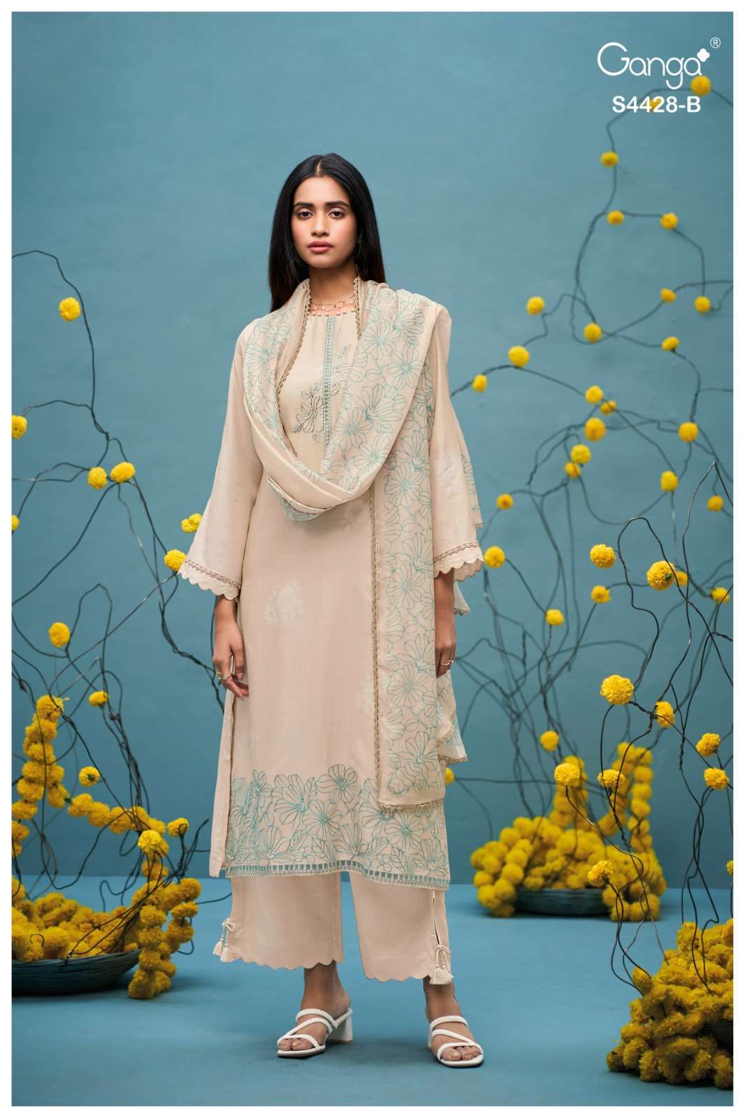 DYAVIKA SERIES 4428 BY GANGA DESIGNER PRINTED WITH HAND WORK AND EMBROIDERY WORK BEMBERG SILK SUITS ARE AVAILABLE AT WHOLESALE PRICE