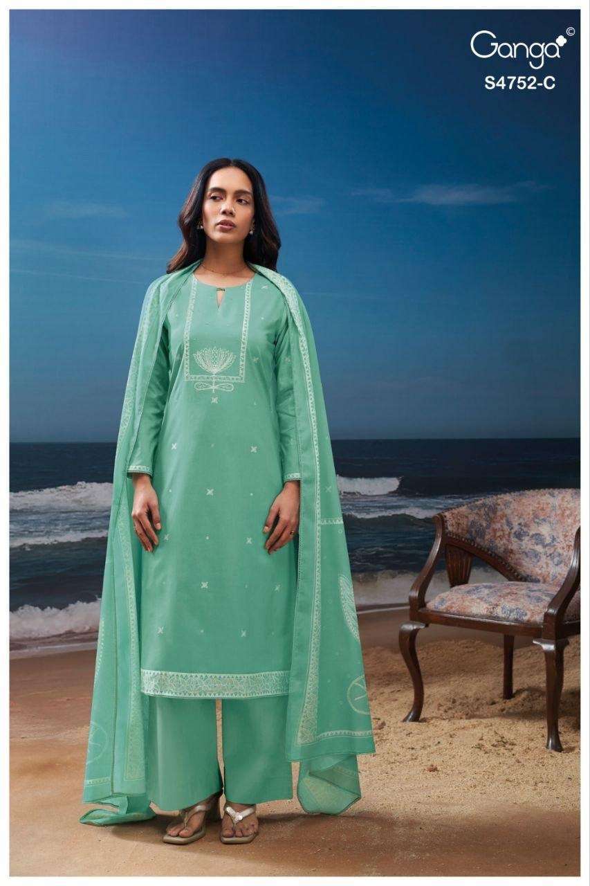 FAIRA SERIES 4752 BY GANGA DESIGNER PRINTED AND EMBROIDERY WORK COTTON SUITS ARE AVAILABLE AT WHOLESALE PRICE