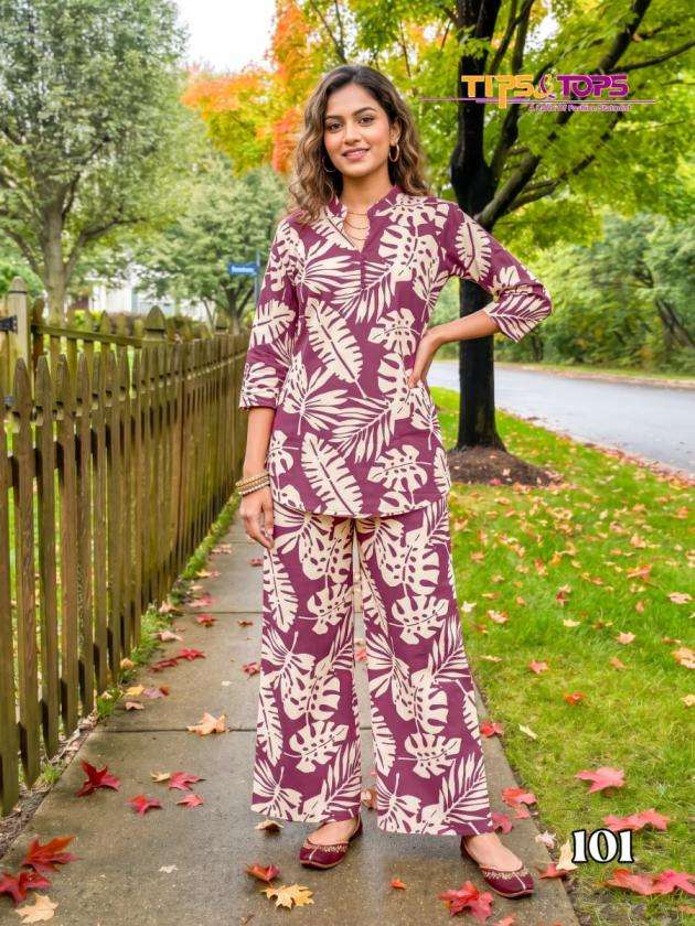 FASHION BEATS VOL-17 SERIES 101 TO 106 BY TIPS & TOPS DESIGNER PRINTED RAYON CO ORD SETS ARE AVAILABLE AT WHOLESALE PRICE