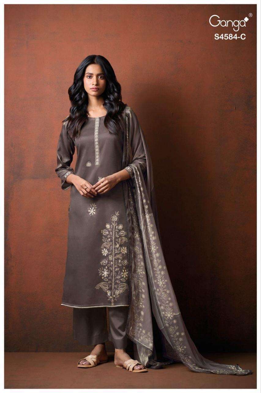 FESKA SERIES 4584 BY GANGA DESIGNER PRINTED WITH HAND EMBROIDERY AND HAND WORK COTTON SATIN SUITS ARE AVAILABLE AT WHOLESALE PRICE