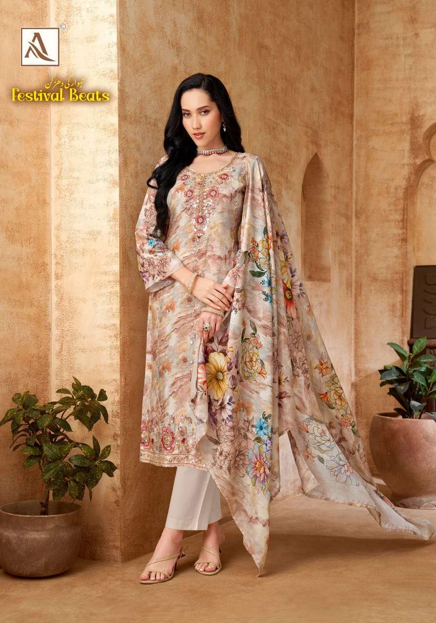 FESTIVAL BEATS SERIES 3034 BY ALOK SUITS DESIGNER PRINTED AND BEADS WORK VISCOSE MUSLIN SUITS ARE AVAILABLE AT WHOLESALE PRICE 