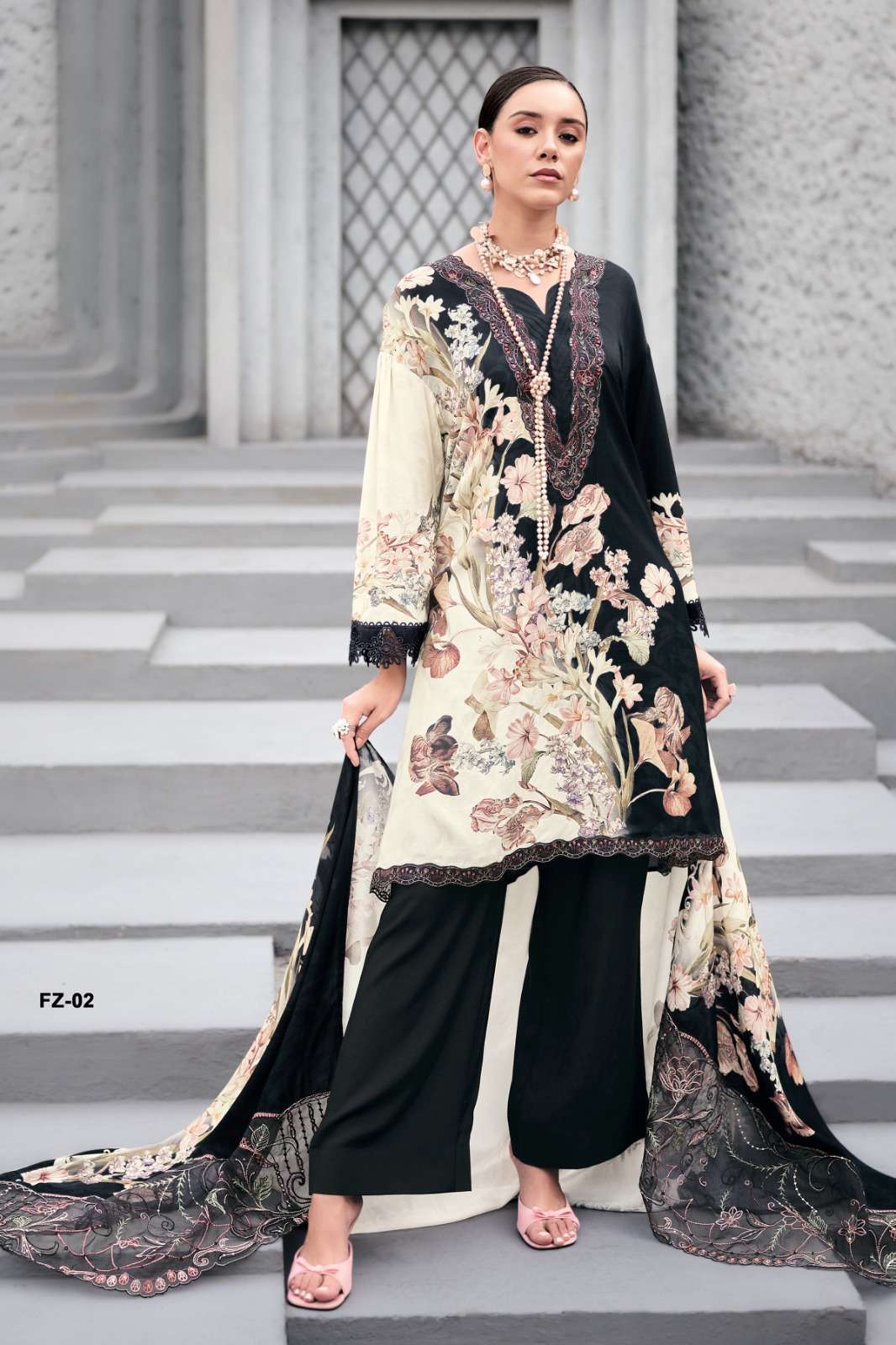 FLORENZA SERIES 01 TO 02 BY VARSHA DESIGNER DIGITAL PRINTED AND EMBRACING WORK VISCOSE MUSLIN SUITS ARE AVAILABLE AT WHOLESALE PRICE 