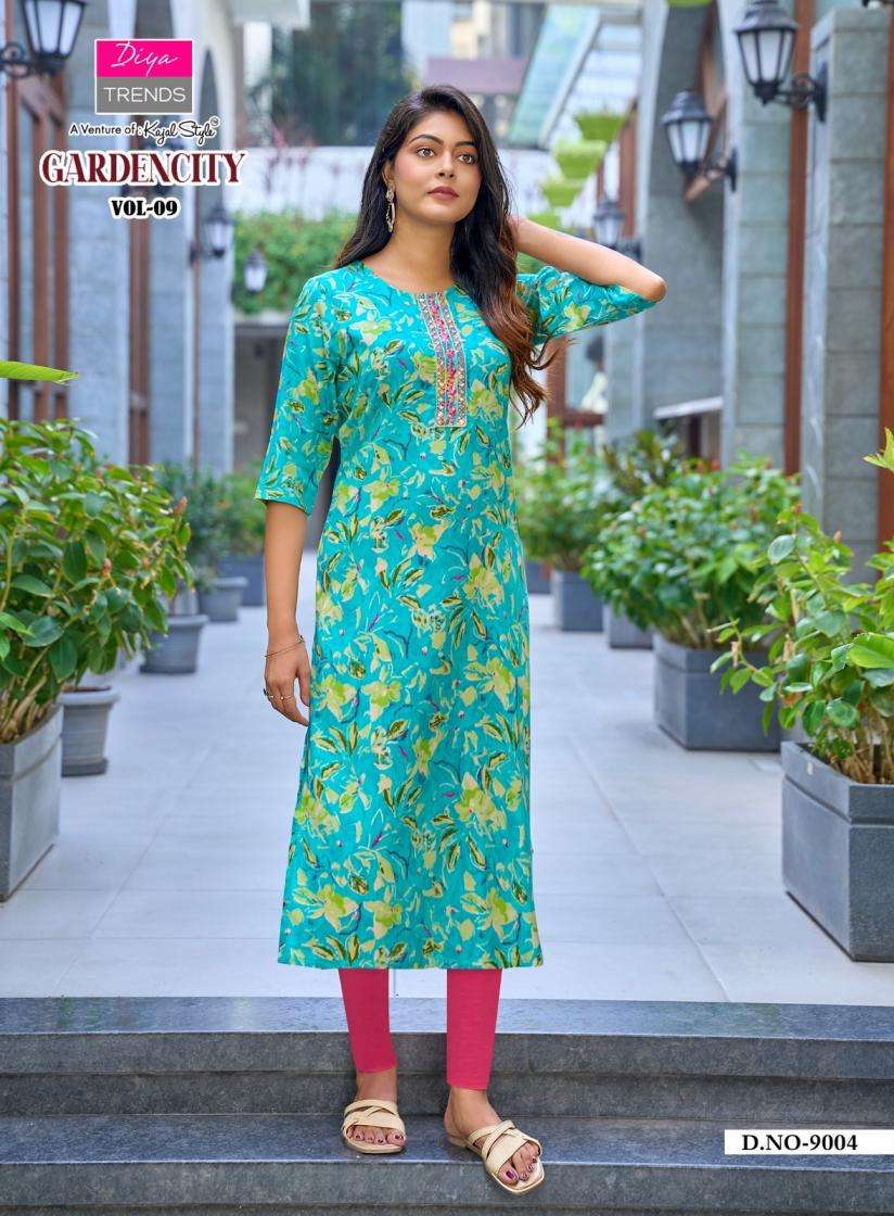 GARDENCITY VOL-9 SERIES 9001 TO 9008 KURTI BY DIYA TRENDS DESIGNER WITH PRINTED RAYON KURTIS ARE AVAILABLE AT WHOLESALE PRICE