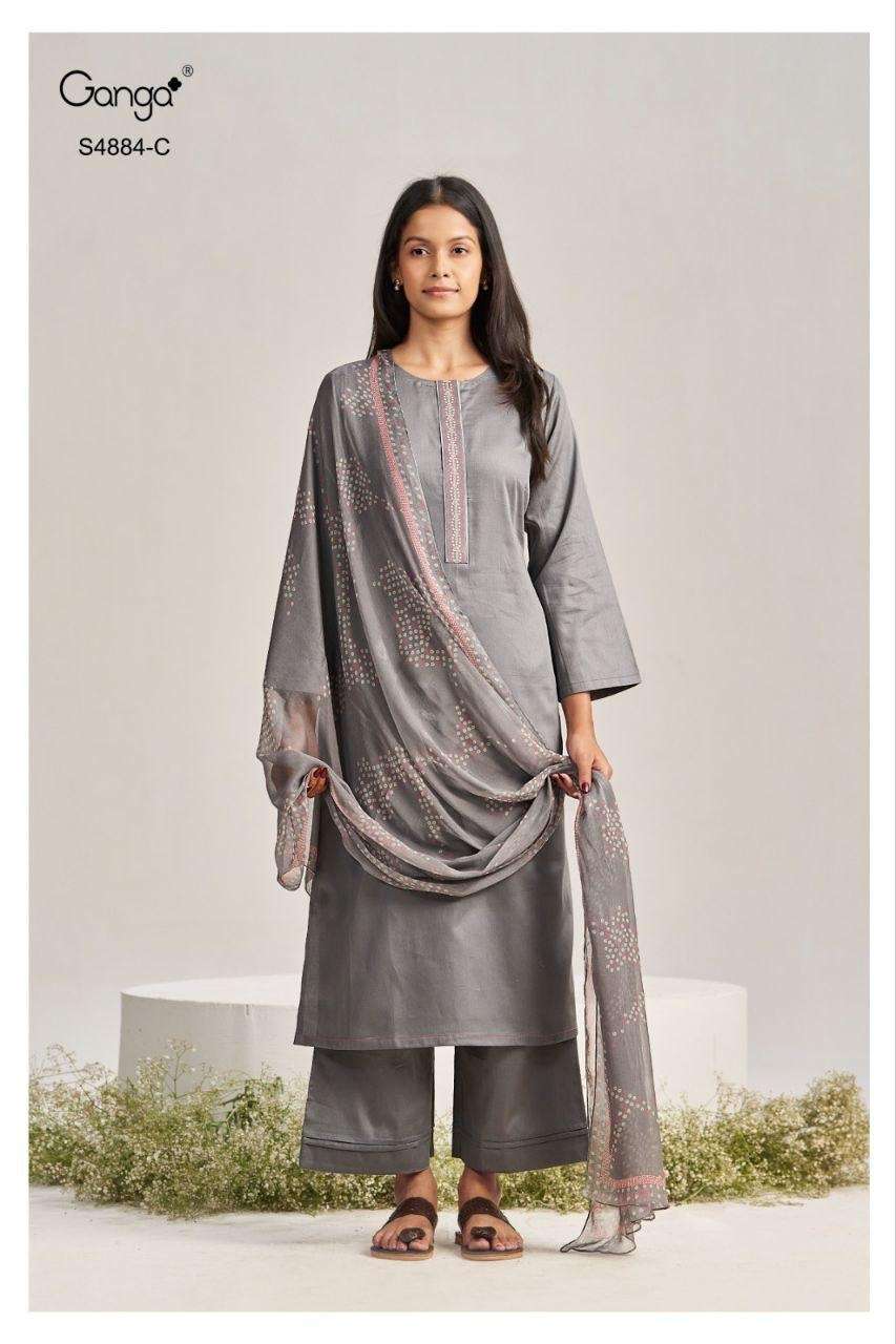 GAURA SERIES 4884 BY GANGA DESIGNER WORK COTTON SATIN SUITS ARE AVAILABLE AT WHOLESALE PRICE