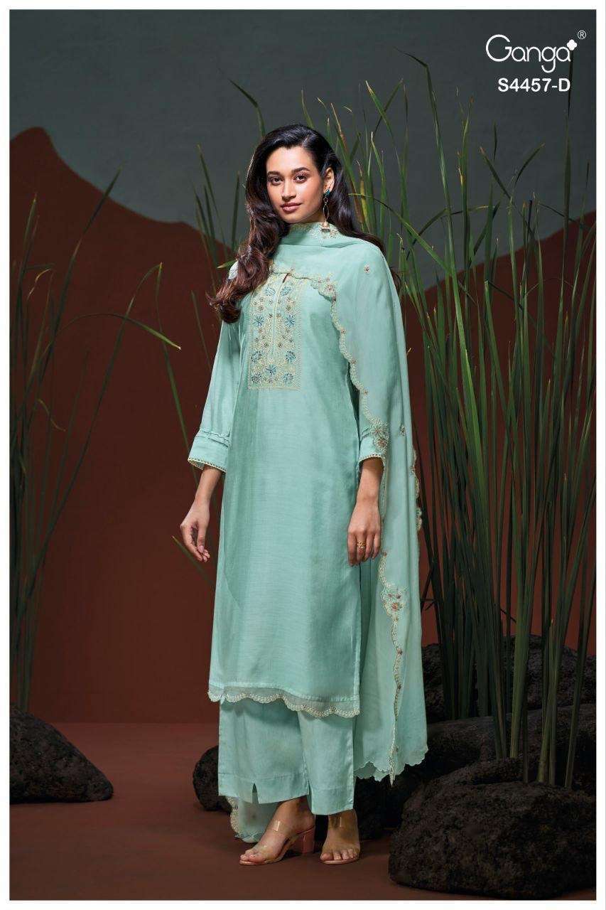 GRIVIKA SERIES 4457 BY GANGA DESIGNER EMBROIDERY AND HAND WORK BEMBERG SILK SUITS ARE AVAILABLE AT WHOLESALE PRICE