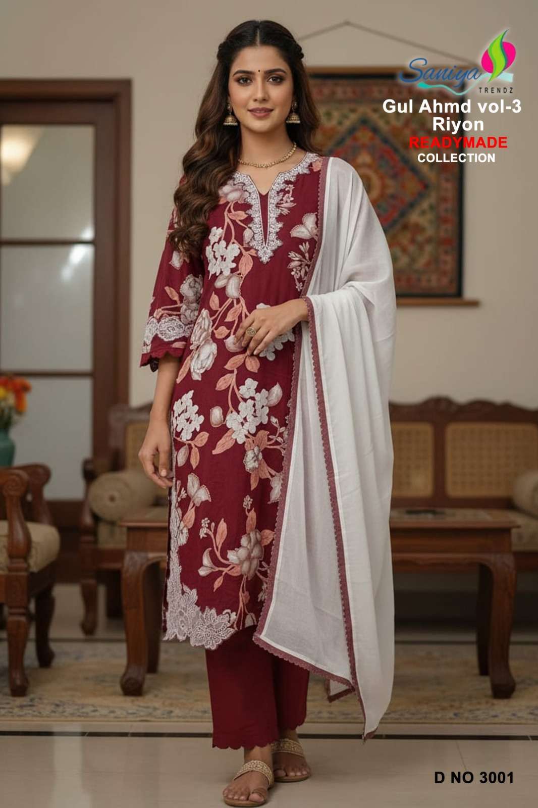 GULL AHMAD VOL-3 SERIES 3001 TO 3002 BY SANIYA TRENDZ DESIGNER PRINTED AND WORK RAYON READYMADE SUITS ARE AVAILABLE AT WHOLESALE PRICE