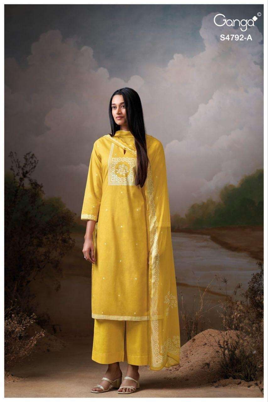 GULNAR SERIES 4792 BY GANGA DESIGNER PRINTED WITH HAND EMBROIDERY AND HAND WORK COTTON SUITS ARE AVAILABLE AT WHOLESALE PRICE