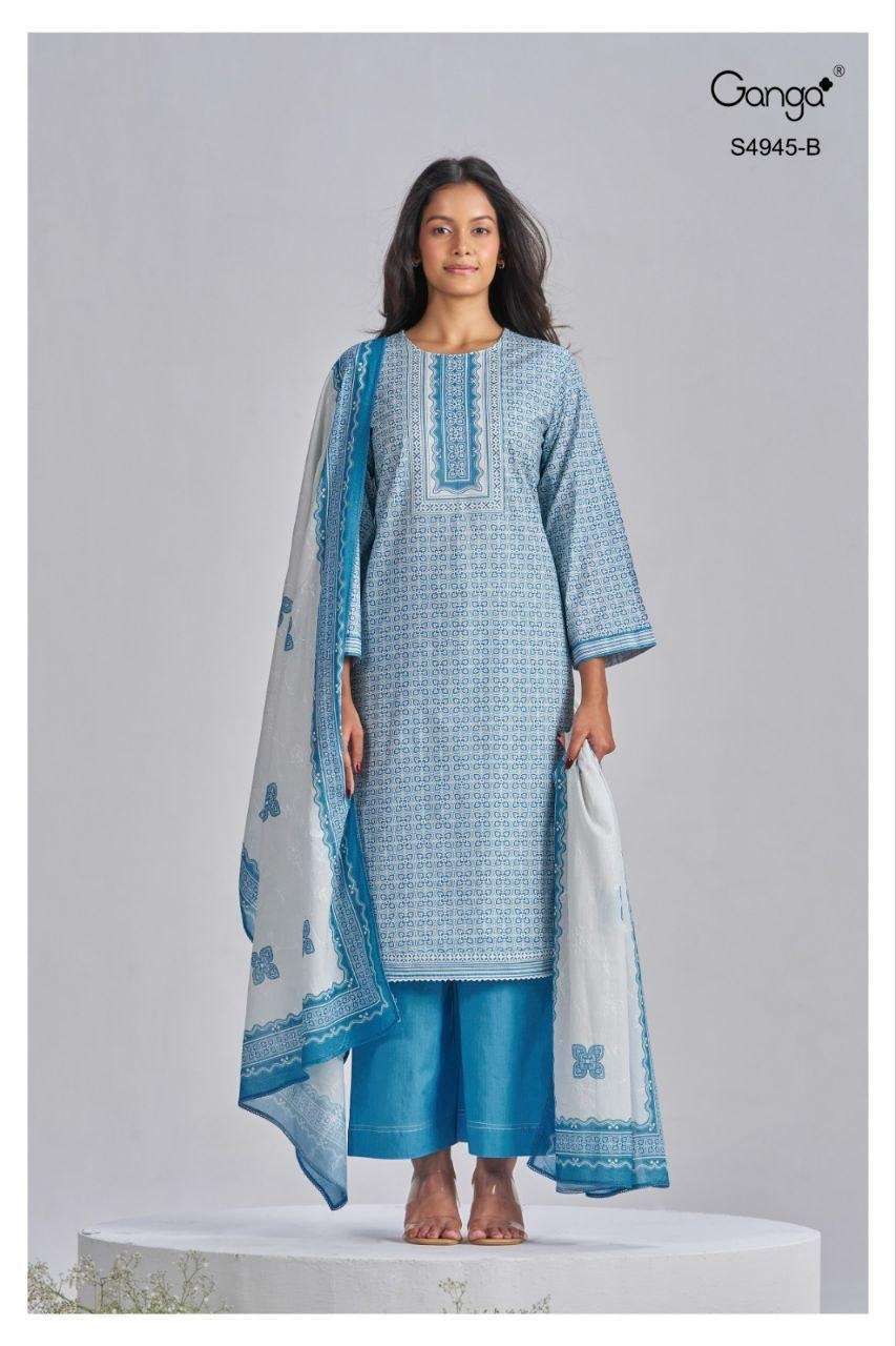 HANIMA SERIES 4945 BY GANGA DESIGNER PRINTED WITH HAND WORK AND SCHIFFLI EMBROIDERY WORK COTTON SUITS ARE AVAILABLE AT WHOLESALE PRICE