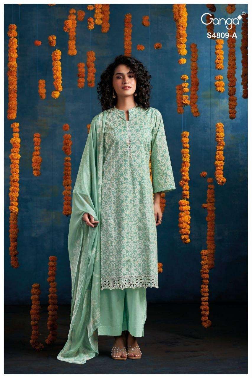 HESPERA SERIES 4809 BY GANGA DESIGNER PRINTED WITH EMBROIDERY AND SCHIFFLI EMBROIDERY WORK COTTON SUITS ARE AVAILABLE AT WHOLESALE PRICE