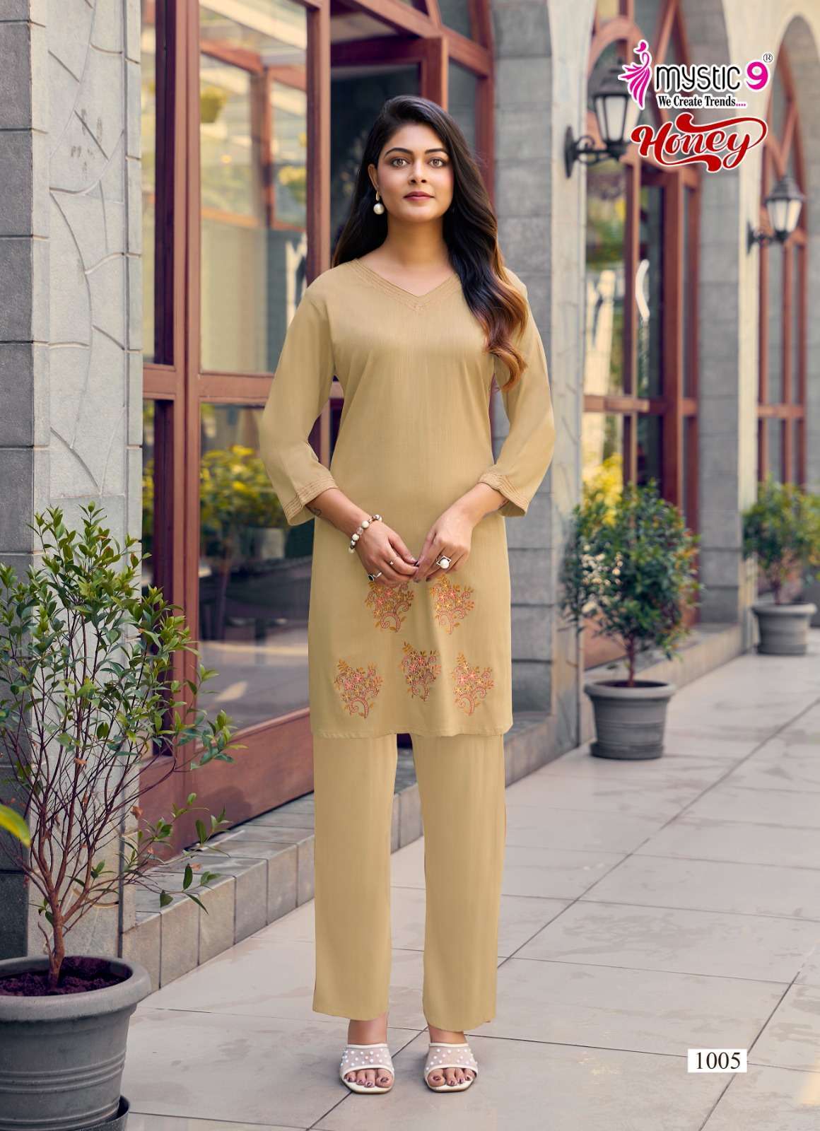 HONEY VOL-1 SERIES 1001 TO 1008 BY MYSTIC 9 DESIGNER NECK EMBROIDERY WORK VISCOSE SLUB LYCRA KURTI WITH PANT ARE AVAILABLE AT WHOLESALE PRICE