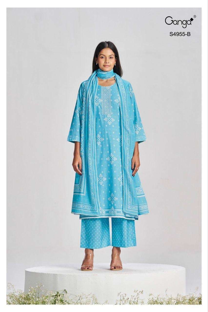 IBBANI SERIES 4955 BY GANGA DESIGNER PRINTED WITH EMBROIDERY AND HAND WORK COTTON SUITS ARE AVAILABLE AT WHOLESALE PRICE