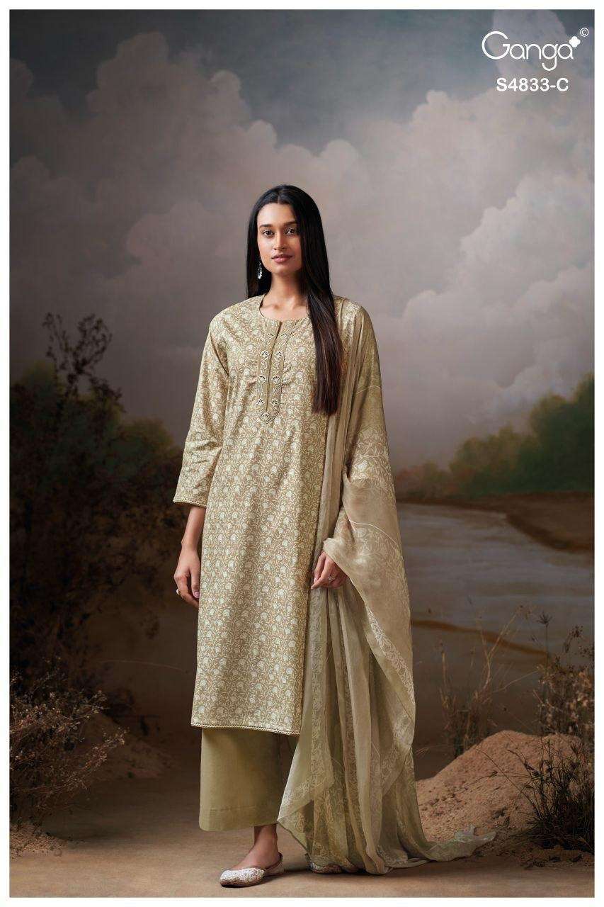 ILYNDRA SERIES 4833 BY GANGA DESIGNER PRINTED AND EMBROIDERY WORK COTTON SUITS ARE AVAILABLE AT WHOLESALE PRICE