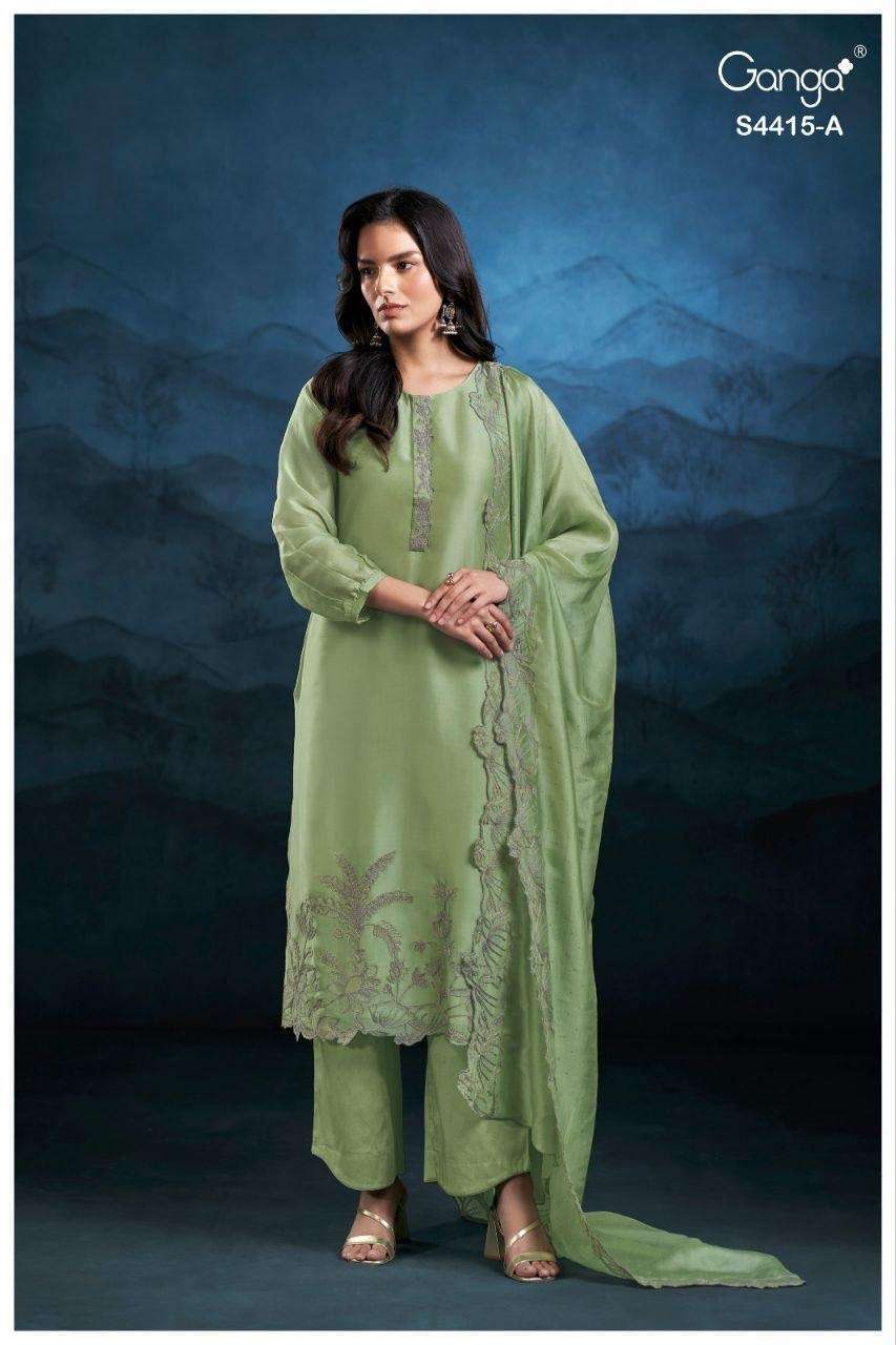 IRISKA SERIES 4415 BY GANGA DESIGNER EMBROIDERY WORK BEMBERG SILK SATIN SUITS ARE AVAILABLE AT WHOLESALE PRICE