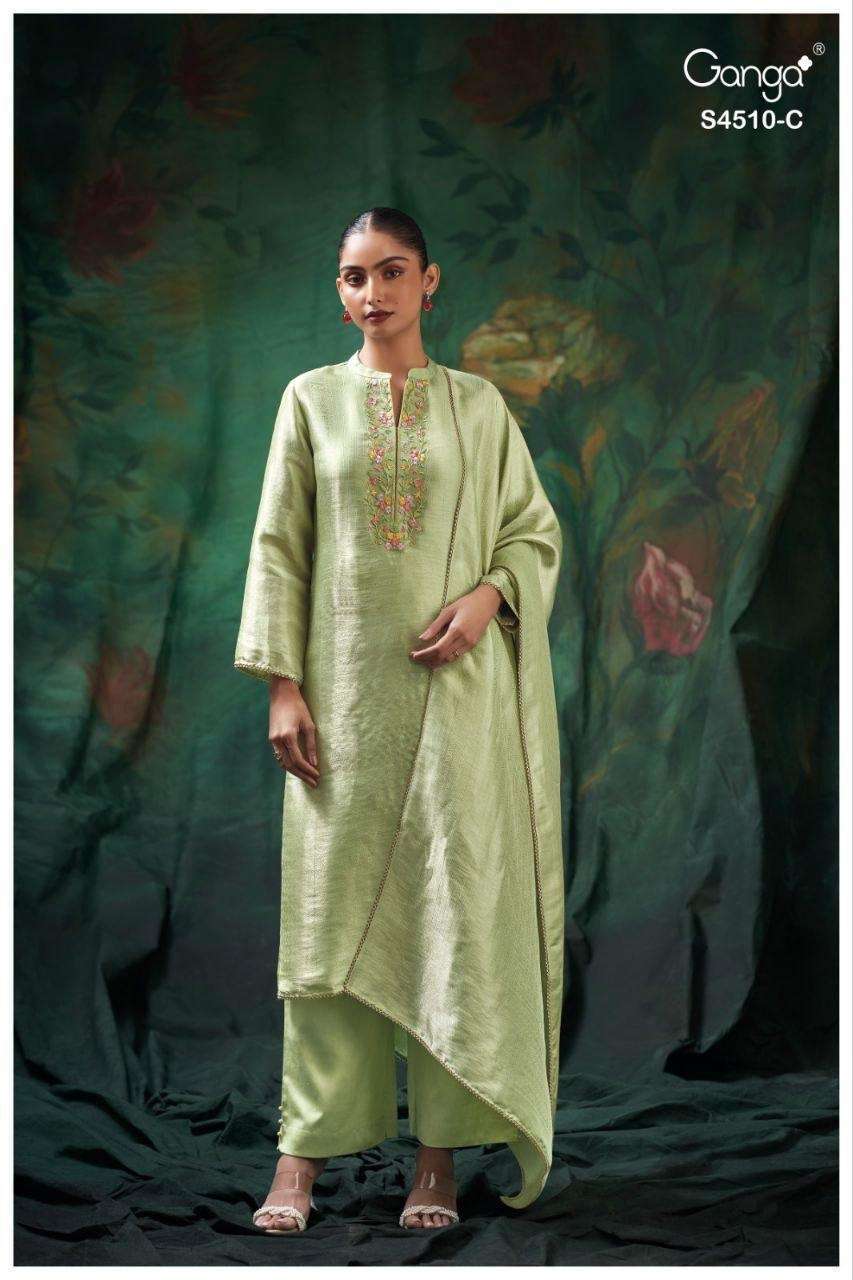 JEYRA SERIES 4510 BY GANGA DESIGNER EMBROIDERY WORK BEMBERG SILK JACQUARD SUITS ARE AVAILABLE AT WHOLESALE PRICE 