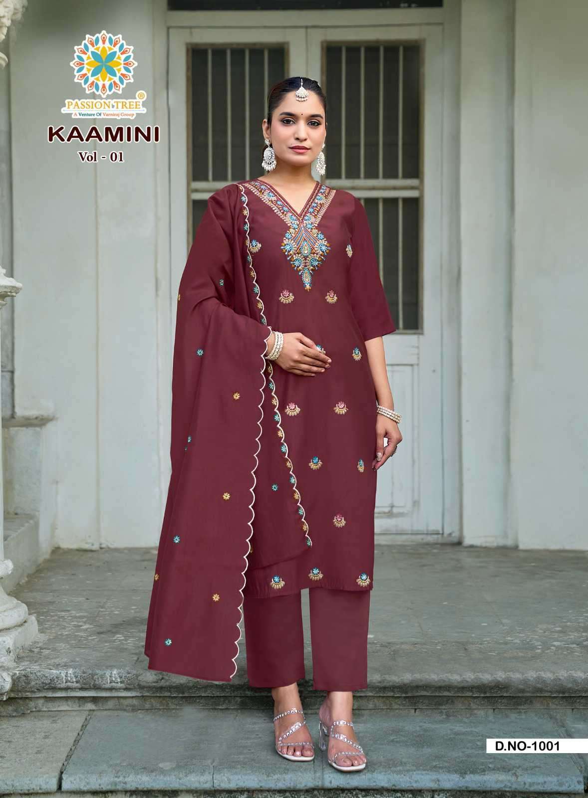 KAAMINI VOL-1 SERIES 1001 TO 1008 BY PASSION TREE DESIGNER EMBROIDERY WORK ROMAN SILK TOP WITH BOTTOM AND DUPATTA ARE AVAILABLE AT WHOLESALE PRICE