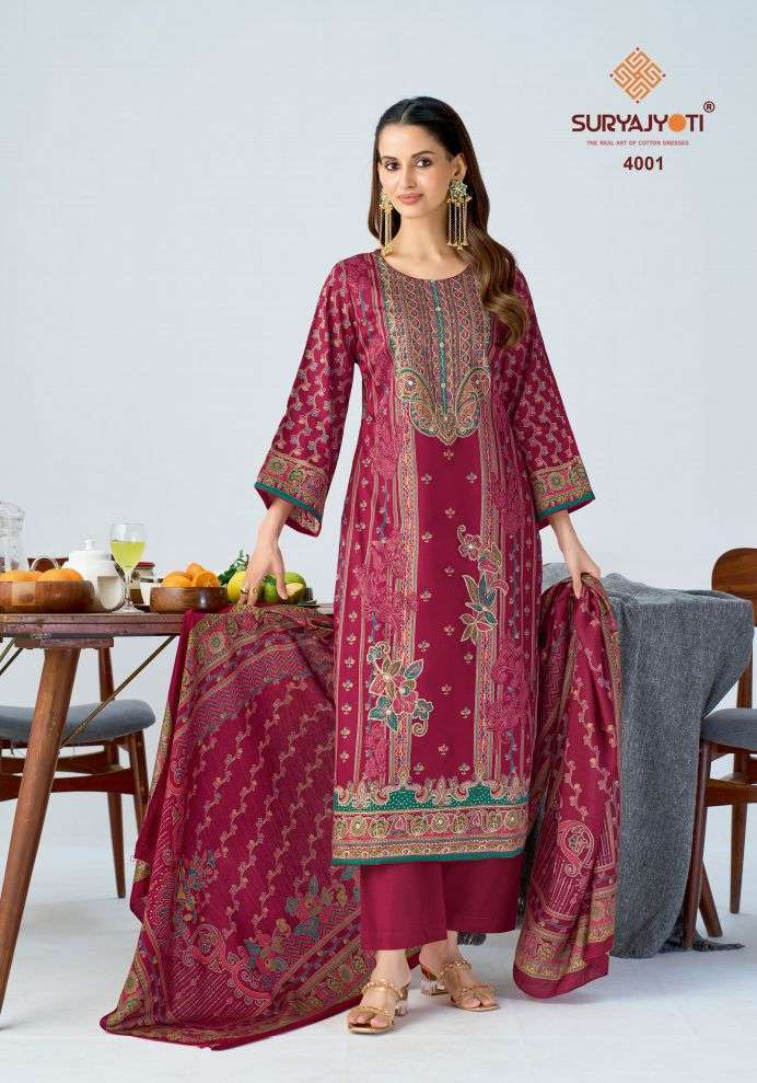 KAMILA VOL-4 SERIES 4001 TO 4006 BY SURYAJYOTI DESIGNER JAM SATIN DISCHARGE PRINTED AND WORK SUITS ARE AVAILABLE AT WHOLESALE PRICE
