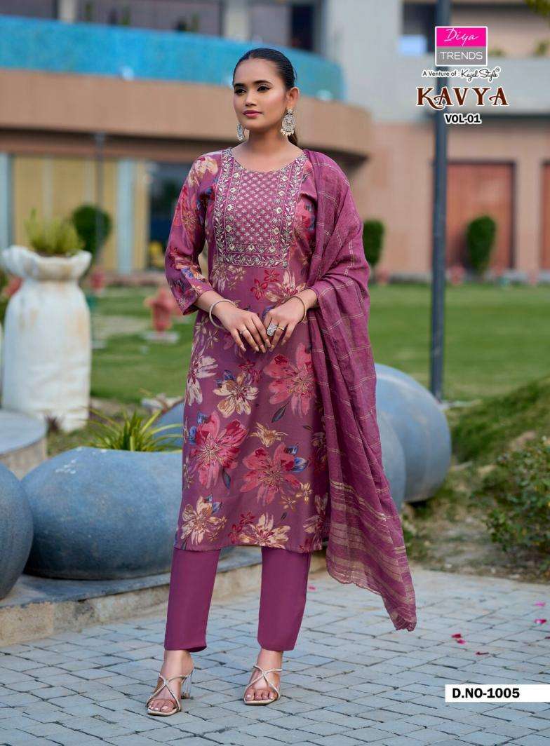 KAVYA VOL-1 SERIES 1001 TO 1008 BY DIYA TRENDS DESIGNER PRINTED AND EMBROIDERY WORK VATICAN KURTI WITH BOTTOM AND DUPATTA ARE AVAILABLE AT WHOLESALE PRICE