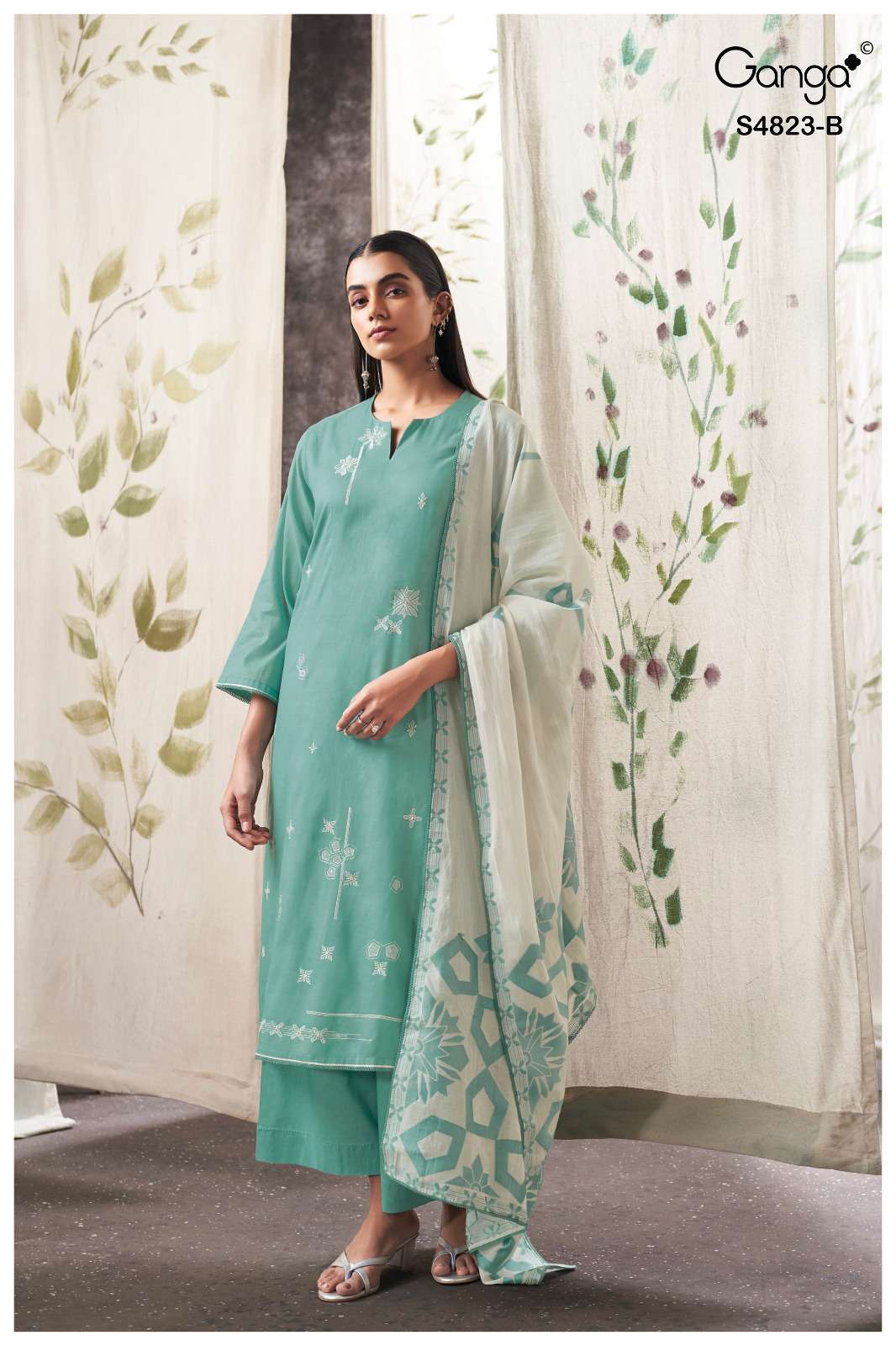 KAZELLEA SERIES 4823 BY GANGA DESIGNER EMBROIDERY AND HAND WORK BEMBERG MUL SUITS ARE AVAILABLE AT WHOLESALE PRICE