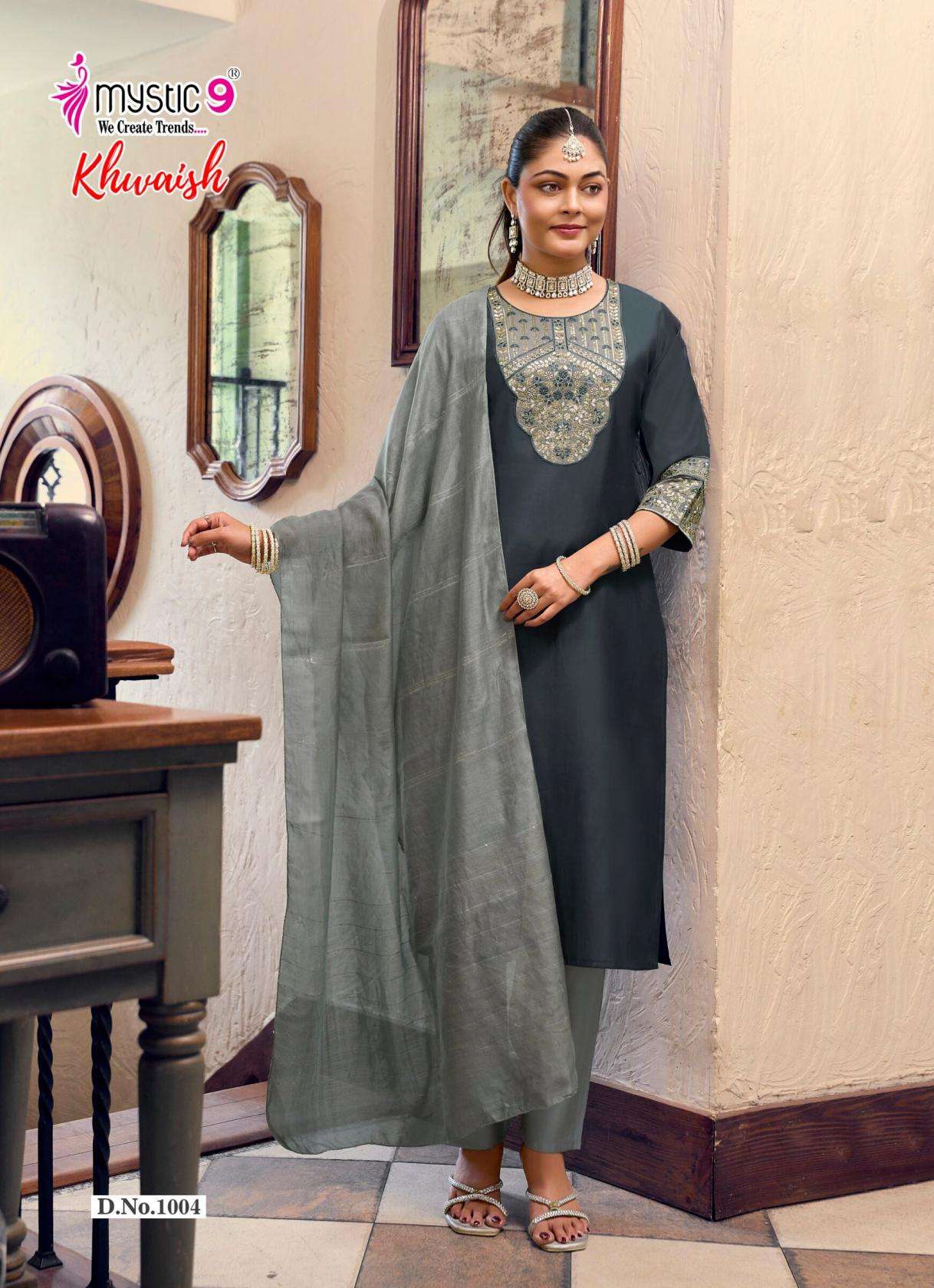 KHWAISH VOL-1 SERIES 1001 TO 1008 BY MYSTIC 9 DESIGNER EMBROIDERY WORK ROMAN SILK TOP WITH BOTTOM AND DUPATTA ARE AVAILABLE AT WHOLESALE PRICE