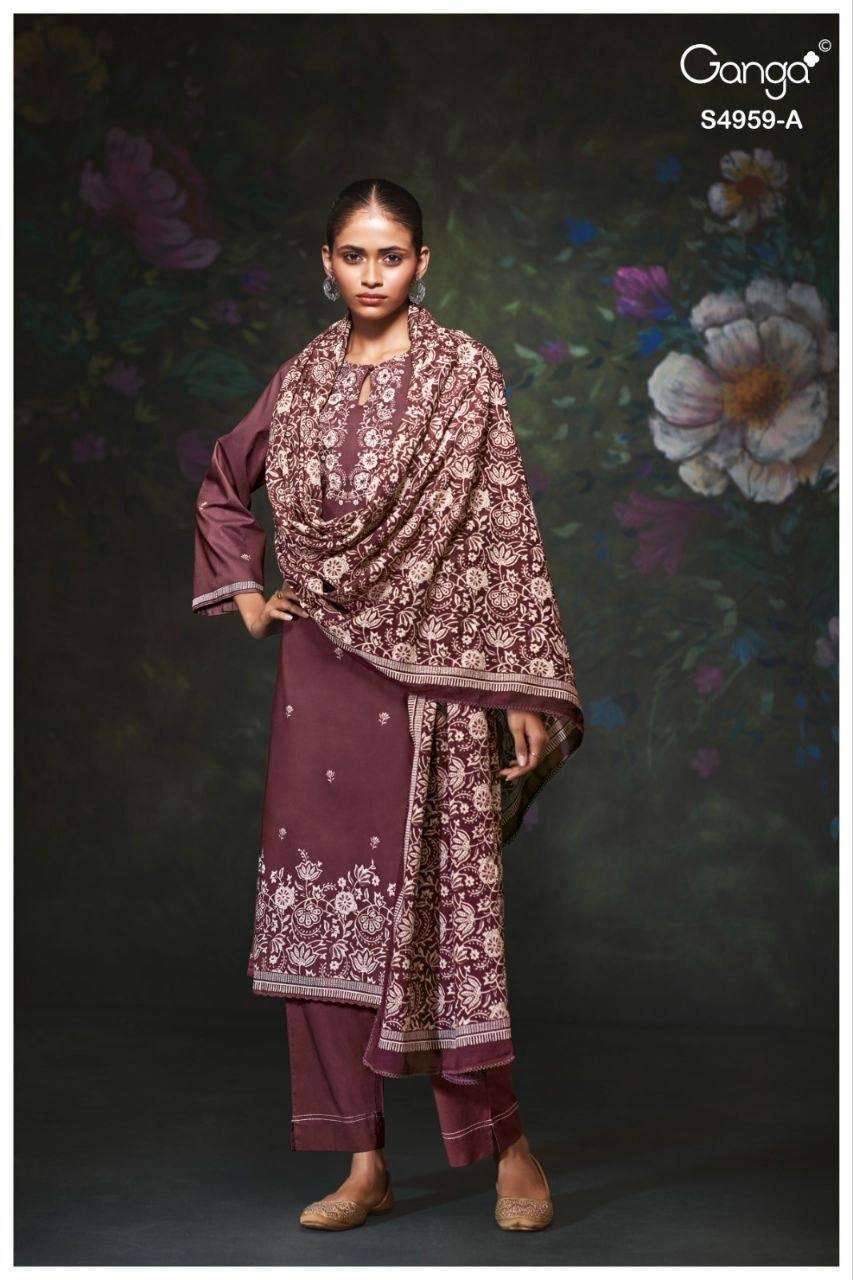 KIVIRA SERIES 4959 BY GANGA DESIGNER PRINTED WITH HAND EMBROIDERY AND HAND WORK COTTON SUITS ARE AVAILABLE AT WHOLESALE PRICE